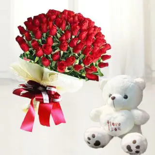 Beautiful Bouquet of 50 red roses with 1 feet height teddy bear 