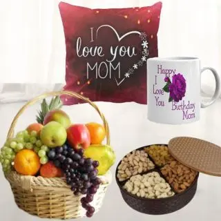 Basket of 3 kg assorted fruits, half kg assorted dry fruits, photo mug with photo cushion 