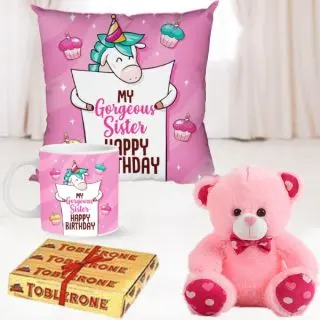 Photo mug with photo cushion , 3 toblerone chocolate, 6 inch pink teddy bear 