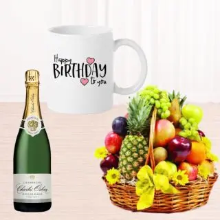 Bottle of champagne, photo mug with seasonal 4 kg assorted fruits basket 