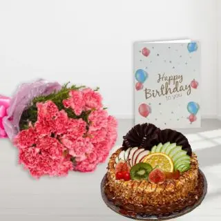 Bunch of 12 pink carnations, premium butterscotch mix fruit cake, birthday greeting card  