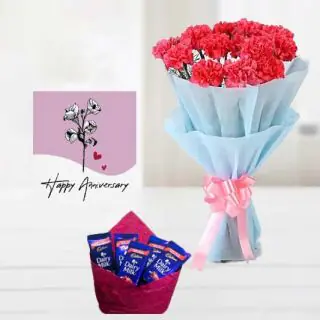 Bunch of 10 pink carnations, set of 2 dairy milk silk chocolates, anniversary greeting card 