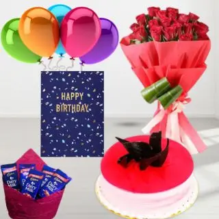 Bunch of 12 red roses,  strawberry cool cake , Pack of 5 dairy milk chocolates, birthday greeting card, with 5 blown balloons
