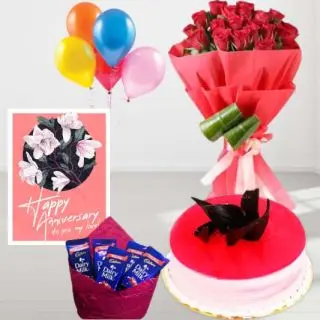 Bunch of 12 red roses, strawberry cool cake , Pack of 5 dairy milk chocolates, anniversary greeting card, with 5 blown balloons