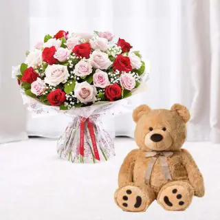 Bouquet of 20 red and pink roses with 1 feet height teddy bear 