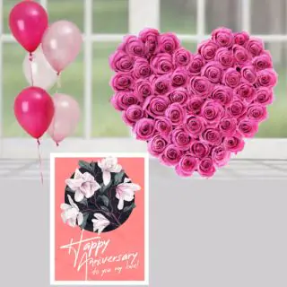 30 pink roses heart shape arrangement, anniversary greeting card , 5 blown balloons 
