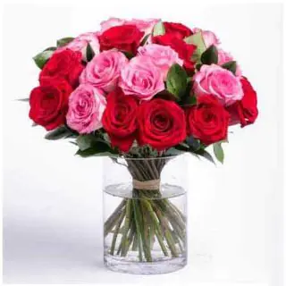 30 red and pink roses arranged in glass vase 