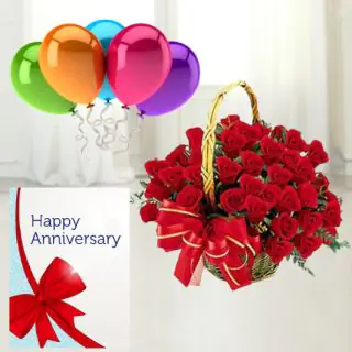30 red roses basket, anniversary greeting card , 5 blown balloons  