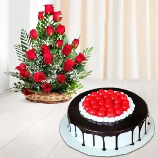 30 red roses basket arrangement with premium black forest cool cake 