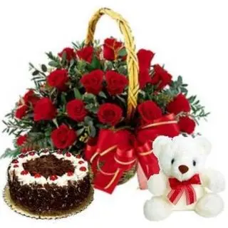 30 Red Roses Basket with 1 pound fresh cream black forest