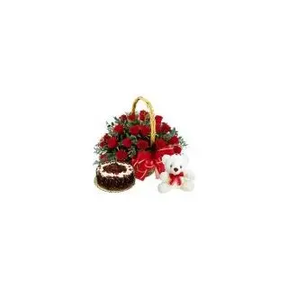 30 red roses basket with 1 pound fresh cream black forest with a cute 6 inch teddy bear 