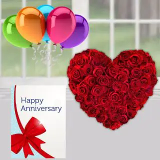 30 red roses heart shape arrangement, ,anniversary greeting card , 5 blown balloons