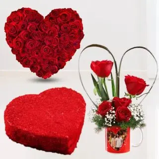 30 red roses heart shape arrangement ,Half kg heart shape red velvet cake, photo mug with 5 red roses arranged in it 