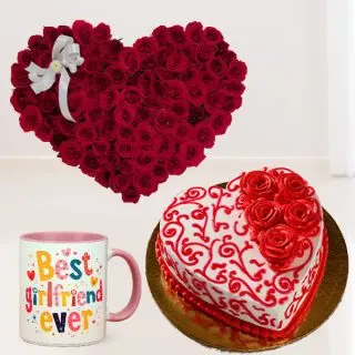 30 red roses heart shape arrangement with 1 kg heart shape red velvet designer cake , with Printed mug  