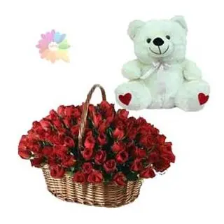 Basket arrangement of 50 red roses with 1 feet height white colour teddy bear