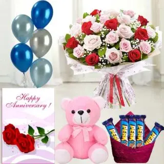 20 red and pink roses, 6 inch teddybear , set of 5 perk  chocolates, anniversary greeting card with 5 blown balloons 
