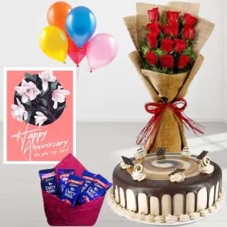 Bunch of 12 red roses with jute packing , Irish coffee cake, Pack of 5 dairy milk chocolates, anniversary greeting card, with 5 blown balloons