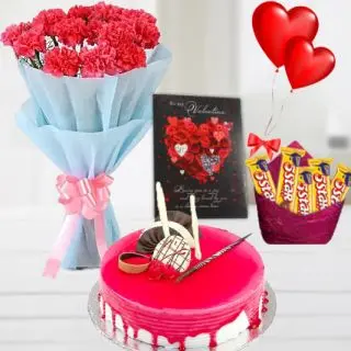 Bunch of 8 pink carnations, half kg strawberry fresh cream cake, pack of Five 5star chocolates, 2 heart shape balloons with greeting card 