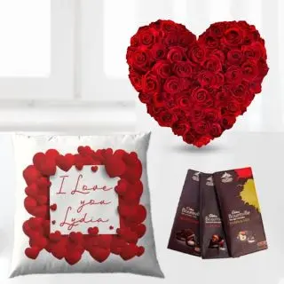 Heart shape arrangement of 50 red roses, Bourneville chocolates with  photo cushion 