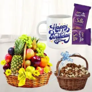 Basket of 4 kg mix fruits, with basket of half kg assorted dry fruits, Photo mug with 2 dairy milk silk 