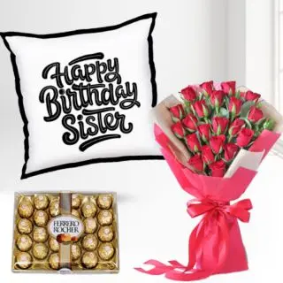24 pcs rocher ferrero chocolates, photo cushion with bunch of 15 red roses 