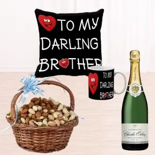 Bottle of champagne, photo cushion, photo mug with Basket of half kg assorted dry fruits basket 