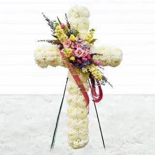 1.5 feet height cross of White crysanthemums with mix flowers arranged in centre