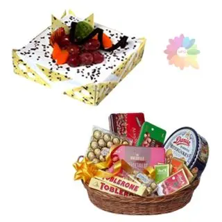  pineapple fresh cream cake with exotic fruits topping with exclusive chocolate hamper