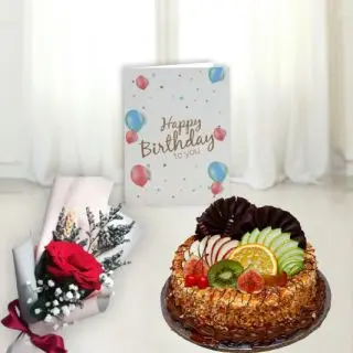 Half kg Premium butterscotch fruit cake, single red rose, birthday card 