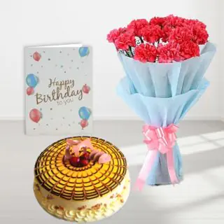 Bunch of 10 pink carnations, butterscotch premium quality cake, birthday greeting card 