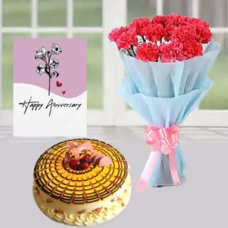 Bunch of 10 pink carnations, butterscotch premium quality cake, anniversary greeting card 