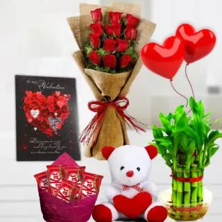 15 red roses in glass vase, set of 2 dairy milk silk chocolates, 6 inch height teddybear, 2 layer Lucky bamboo plant, 5 blown balloons with greeting card 