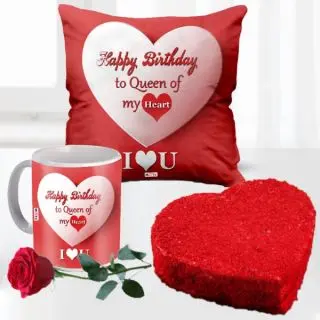 1 kg heart shape red velvet cake, photo mug with photo cushion 