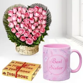 40 pink roses heart shape arrangement , photo mug with set of 3 toblerone chocolates 