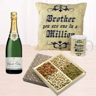 Bottle of champagne, photo cushion, photo mug  with assorted dry fruits basket of half kg 