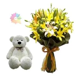 Bunch of yellow lilies with 1 feet height teddybear