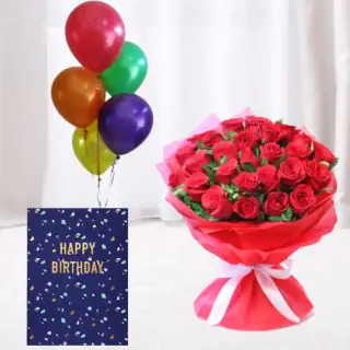 15 red carnations , bunch of 5 mix color balloons with birthday card