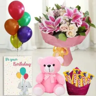 Bunch of 15 mix flowers,  1feet height pink  teddybear , set of 5 Fivestar   chocolates, birthday greeting card with 5 blown balloons 