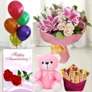 Bunch of 15 mix flowers,  1feet height pink teddy bear, set of 5 Fivestar chocolates, anniversary greeting card with 5 blown balloons 