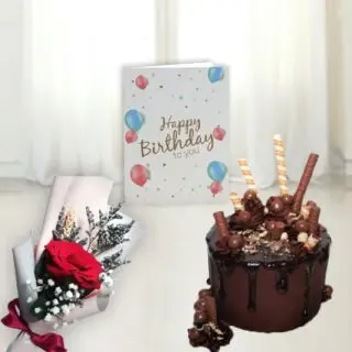 Half kg chocolate explosion cake, single red rose, Birthday card 