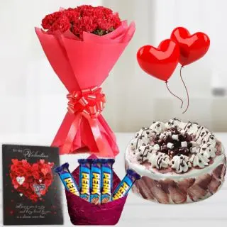 Bunch of 10 red carnations, half kg pineapple cake, 2 heart shape balloons , Greeting card , pack of Five 5star chocolates 