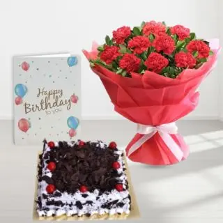 Bunch of 15 red carnations, black forest square shape cake, birthday  greeting card 