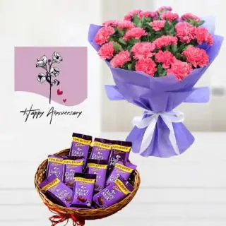 Bunch of 10 red carnations, Basket of 10 dairy milk chocolates, anniversary greeting card 