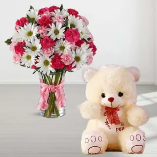 20 Mix flowers in glass vase with 1 feet height teddy bear 