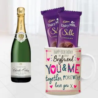 Bottle of champagne , photo mug with set of 2 dairy milk silk 