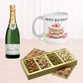 Bottle of champagne, Photo Mug with Box of half kg assorted dry fruits 
