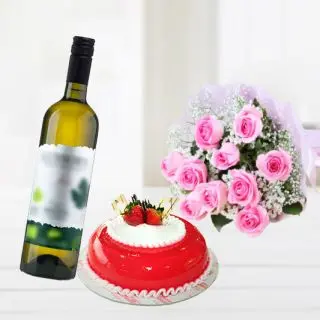 Bouquet of 20 pink roses with strawberry cake with bottle of white wine