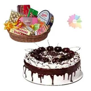  black forest cake with chocolate hamper of premium chocolates