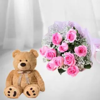 Bunch of 10 pink roses with 6 inch cute pink teddy bear 