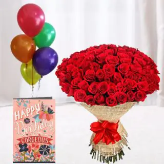 Big Bunch of Gorgeous 50 red roses ,5 bunch of mix color balloons with birthday card
